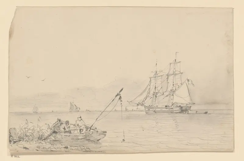 Vissers in roeibootje, in de verte zeilschepen Wall Art by Willem Anthonie van Deventer - High-Resolution Digital Print