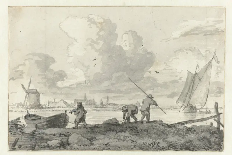 Vissers met hun roeiboot aan het Spaarne bij Haarlem Wall Art by Allaert van Everdingen - High-Resolution Digital Print