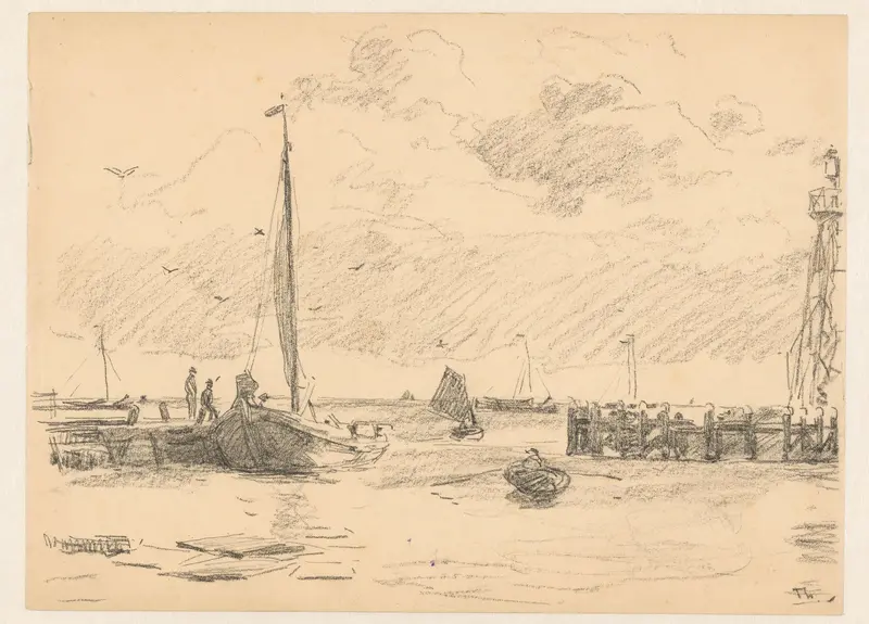 Vissersboot en roeiboot bij de haveningang met rechts een vuurtoren Wall Art by Willem Bastiaan Tholen - High-Resolution Digital Print