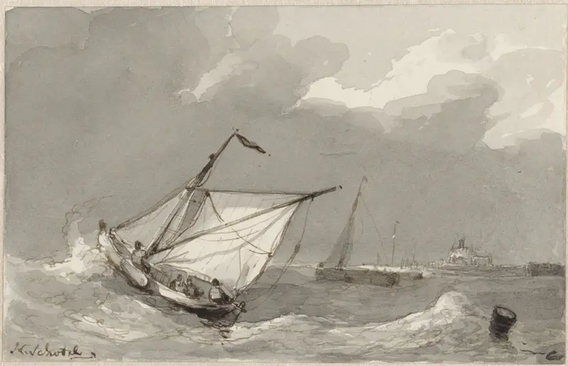 Vissersboot op een woelige zee, met in het verschiet een dorp Wall Art by Johannes Christiaan Schotel - High-Resolution Digital Print