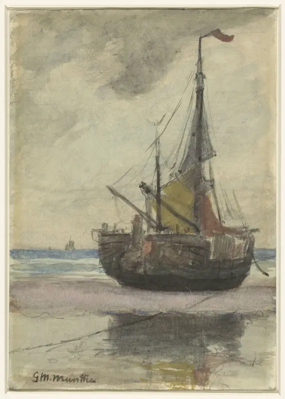 Vissersboot op het strand met gereefd zeil Wall Art by Gerhard Morgenstjerne Munthe - High-Resolution Digital Print
