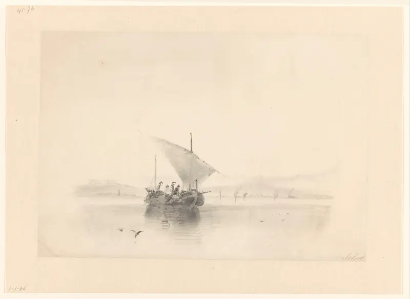 Vissersbootje voor de kust op kalme zee Wall Art by Albertus van Beest - High-Resolution Digital Print