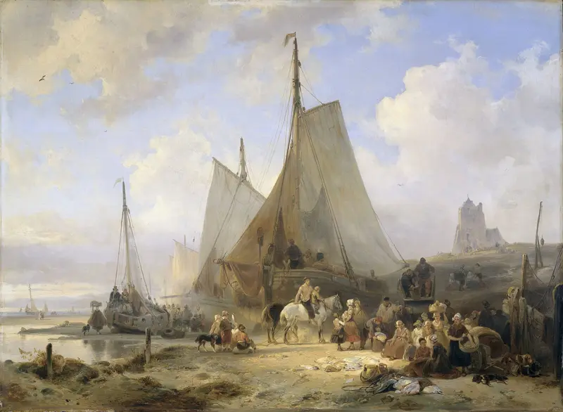 Vissersschepen op het strand met vissers en vrouwen die de vangst sorteren Wall Art by Wijnand Nuijen - High-Resolution Digital Print