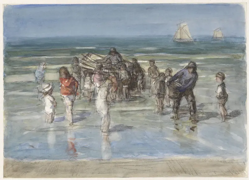 Vissersschuit, omgeven door kinderen, op het strand van Scheveningen Wall Art by Johan Antonie de Jonge - High-Resolution Digital Print