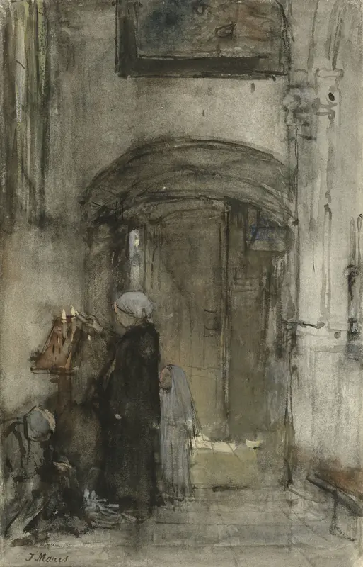 Vissersvrouw met haar dochtertje als 'bruidje' steekt een kerkkaars aan Wall Art by Unknown - High-Resolution Digital Print