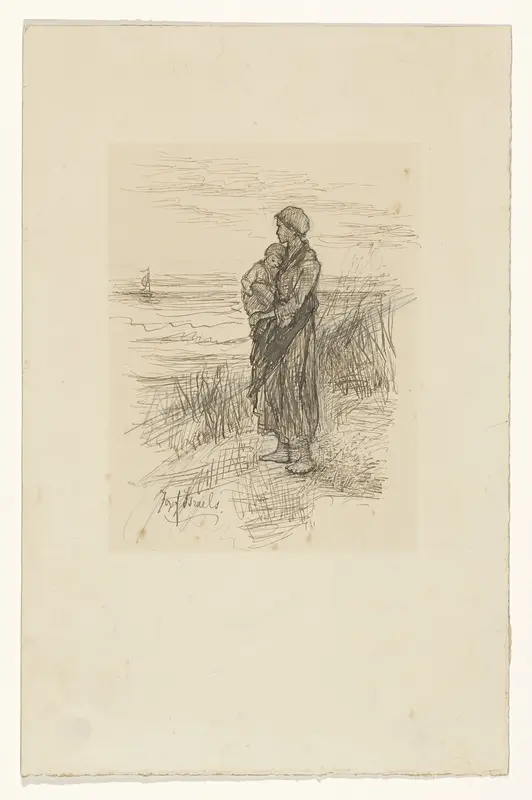 Vissersvrouw met kind op de arm aan het strand