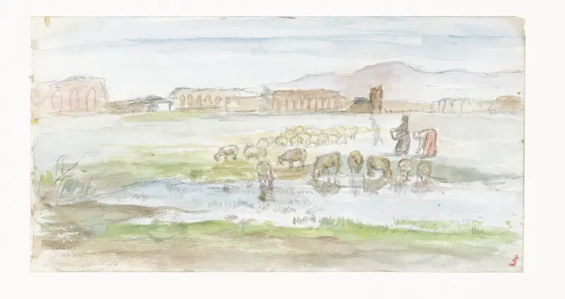 Vlakte met schapen, op de achtergrond ruïnes van een aquaduct