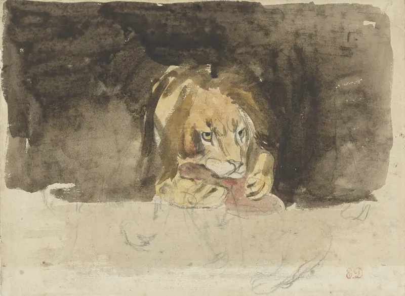 Vleesetende leeuw, van voren gezien, uitkomende tegen een donker fond Wall Art by Eugène Delacroix - High-Resolution Digital Print