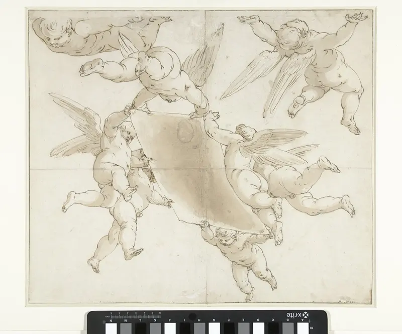 Vliegende engeltjes met een doek Wall Art by Unknown - High-Resolution Digital Print