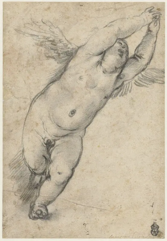 Vliegende putto met opgeheven armpjes Wall Art by Unknown - High-Resolution Digital Print