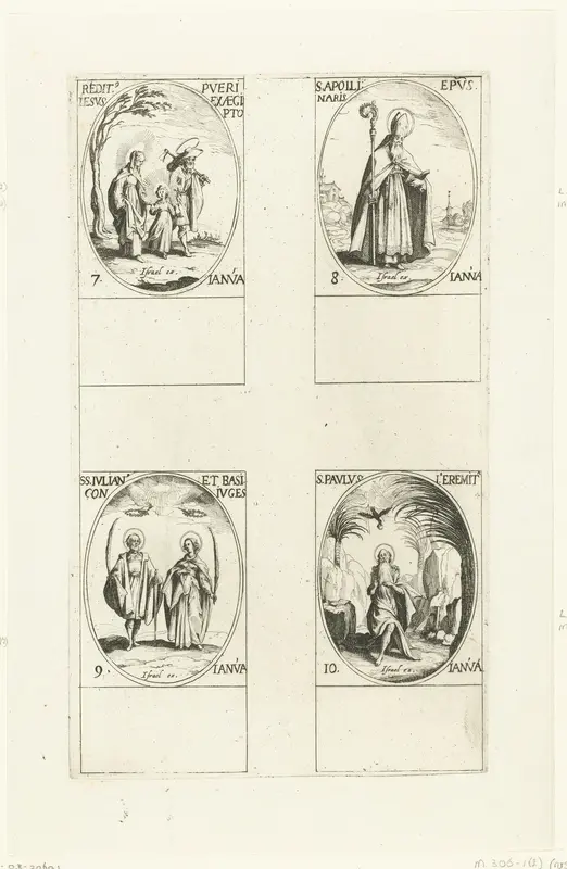 Vlucht naar Egypte, Heilige Apollinaris Claudius, Heilige Julianus en Heilige Basilissa van Antinoë, Heilige Paulus de Kluizenaar (7-10 januari) Wall Art by Jacques Callot - High-Resolution Digital Print