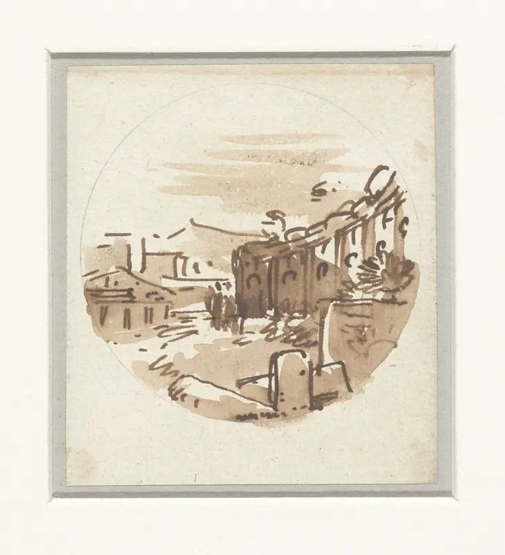 Vluchtige schets van klassieke gebouwen, een tempel en een portiek in een gebogen wand Wall Art by Victor Jean Nicolle - High-Resolution Digital Print