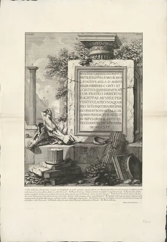 Voetstuk met inscriptie en fragmenten van zuilen en beelden Wall Art by Unknown - High-Resolution Digital Print