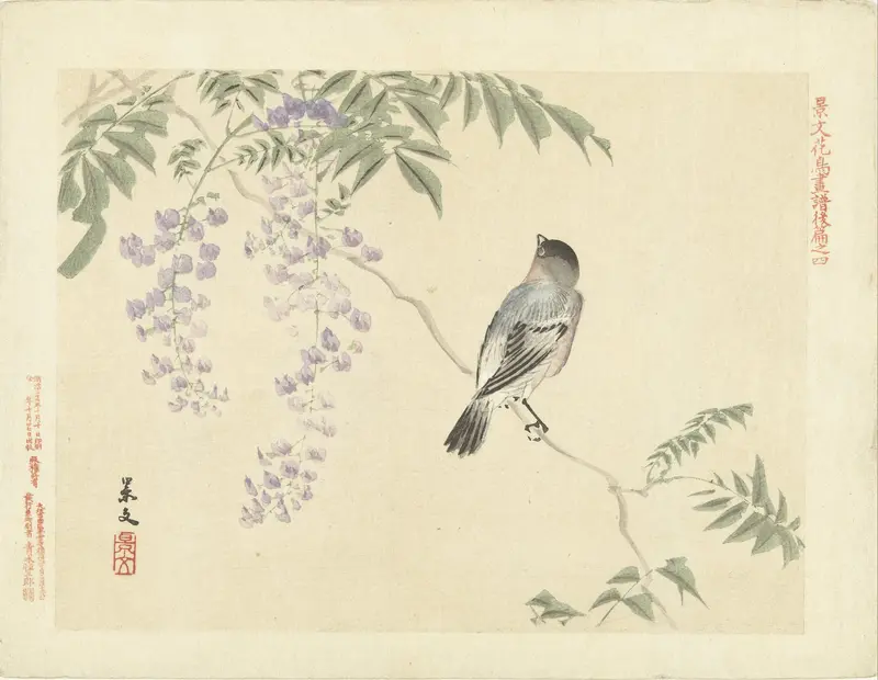 Vogel op wisteriatak Wall Art by Aoki Kôsaburô - High-Resolution Digital Print