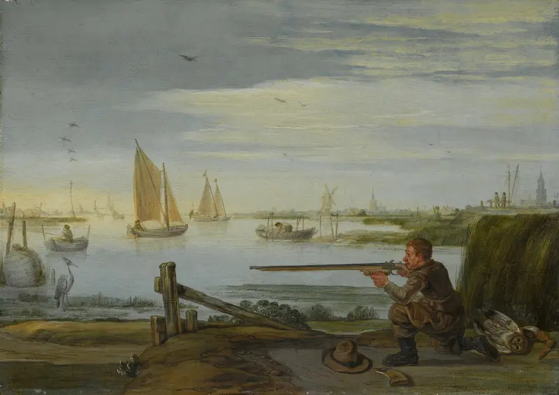 Vogeljager op een rivieroever Wall Art by Unknown - High-Resolution Digital Print