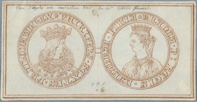 Voor- en achterzijde van een penning met portretten van Filips VI en Blanche van Navarra, koning en koningin van Frankrijk Wall Art by Bernard Picart - High-Resolution Digital Print
