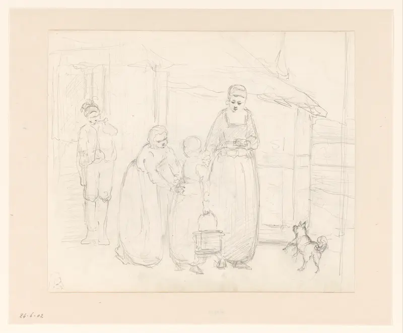 Voorbereidselen voor den kerkgang; vrouwen en kind met stoof bij een huis Wall Art by Hendrik Valkenburg - High-Resolution Digital Print