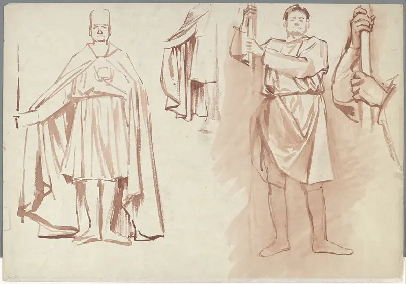 Voorstudie voor de Eerste Bossche Wand: draperiestudies van staande soldaten Wall Art by Antoon Derkinderen - High-Resolution Digital Print