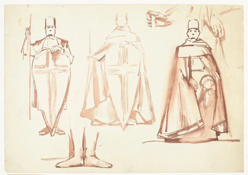 Voorstudie voor de Eerste Bossche Wand: studies van staande figuren, sommigen met schild, van voren gezien Wall Art by Antoon Derkinderen - High-Resolution Digital Print