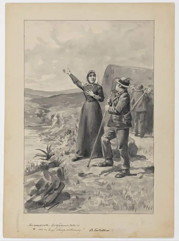 Voortrekkerspaar staand op een heuvel Wall Art by Unknown - High-Resolution Digital Print