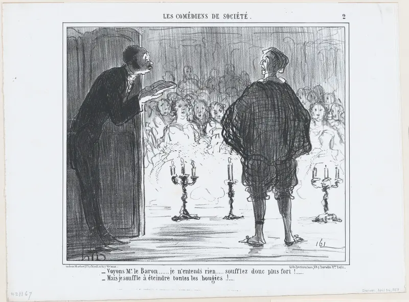 Voyons Mr. le Baron...je n'entends rien...soufflez donc plus fort!..., from Les Comédiens de Société, published in "Le Charivari" Wall Art by Honoré Daumier - High-Resolution Digital Print