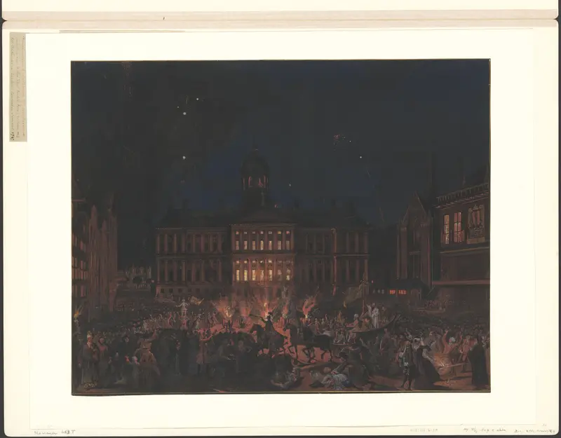 Vreugdevuren op de Dam ter gelegenheid van de verheffing van prins Willem IV in 1747 Wall Art by Unknown - High-Resolution Digital Print