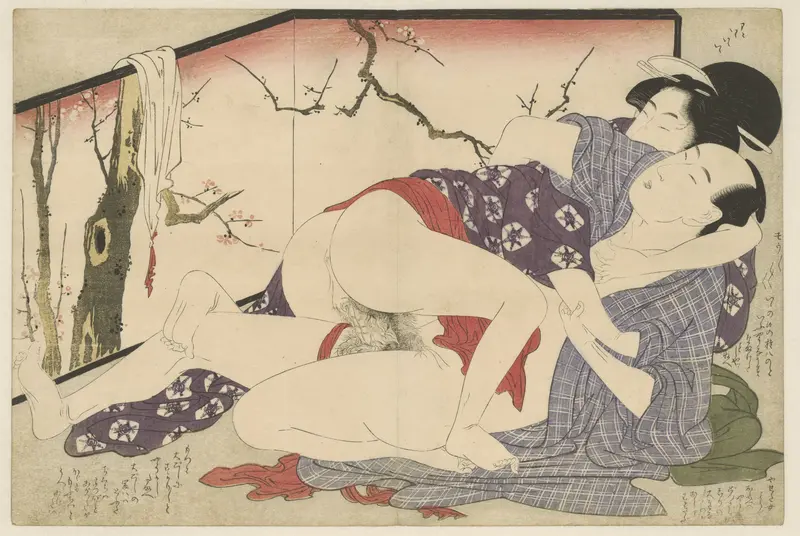 Vrijend paar naast kamerscherm Wall Art by Kitagawa Utamaro - High-Resolution Digital Print