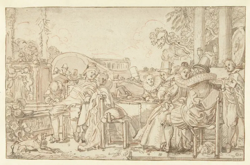 Vrolijk gezelschap aan tafel in de open lucht Wall Art by Unknown - High-Resolution Digital Print