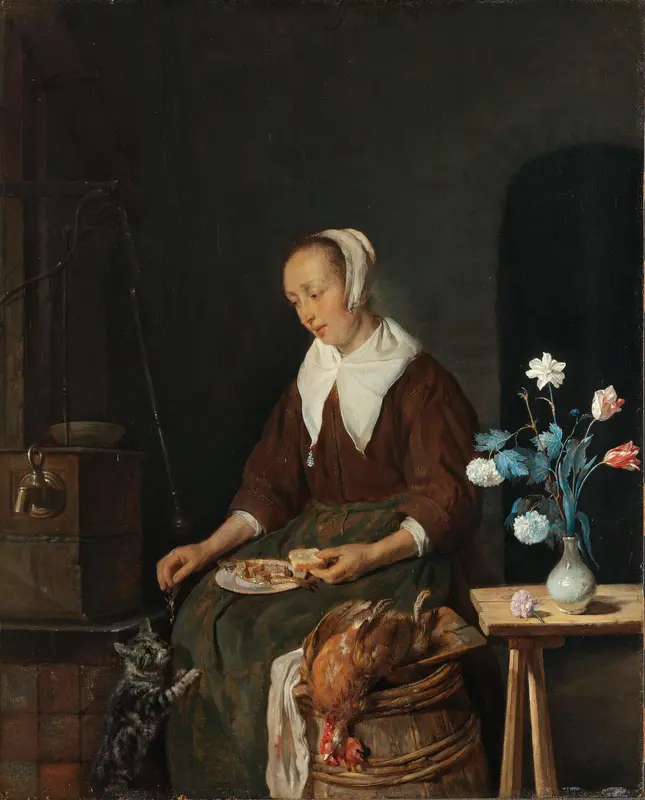 Vrouw aan de maaltijd, bekend als ‘Het ontbijt van de kat’ Wall Art by Gabriël Metsu - High-Resolution Digital Print