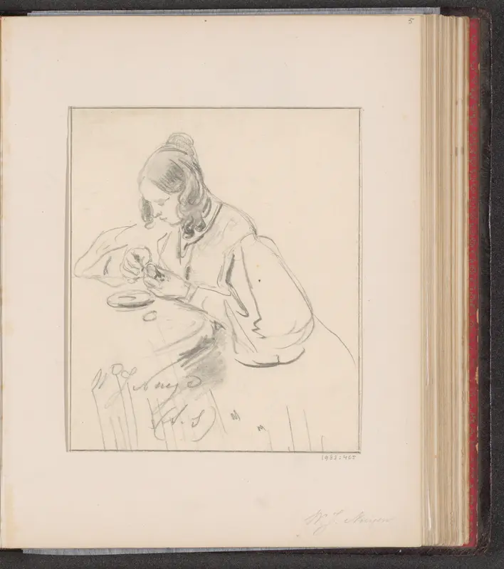 Vrouw aan een tafel Wall Art by Unknown - High-Resolution Digital Print