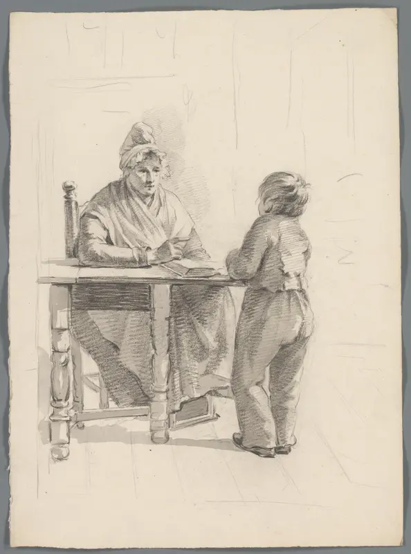 Vrouw aan een tafel met een boek en een kind Wall Art by anonymous - High-Resolution Digital Print