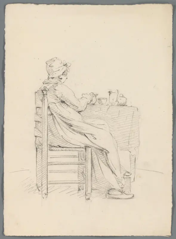 Vrouw aan een tafel met eet- en drinkgerei Wall Art by anonymous - High-Resolution Digital Print