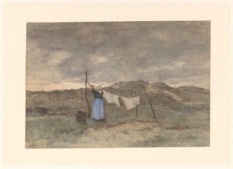 Vrouw bij een waslijn in de duinen Wall Art by Unknown - High-Resolution Digital Print