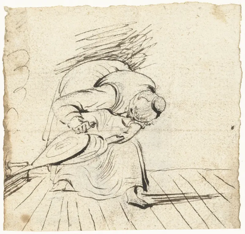 Vrouw blaast een vuur aan met een blaasbalg Wall Art by Harmen ter Borch - High-Resolution Digital Print