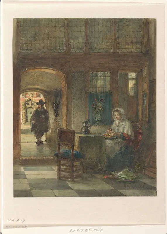 Vrouw die appels schilt en een man in de gang Wall Art by Johannes Stroebel - High-Resolution Digital Print