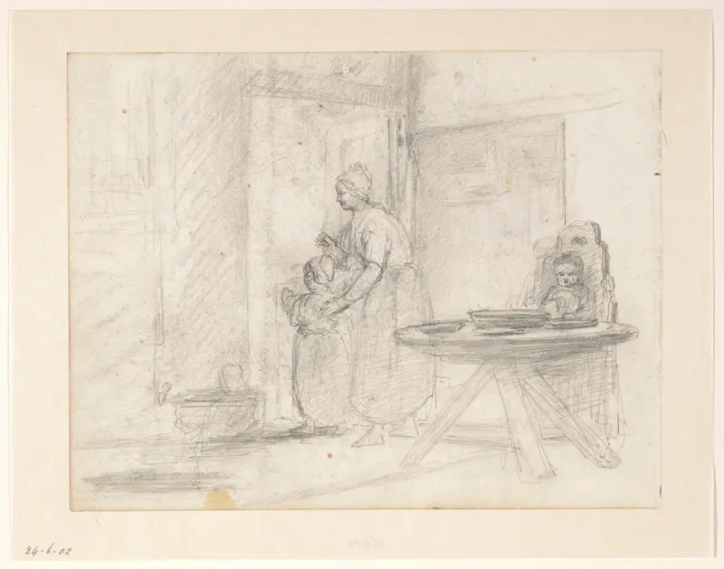 Vrouw die een kind naar buiten laat Wall Art by Hendrik Valkenburg - High-Resolution Digital Print
