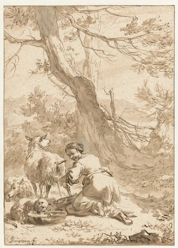 Vrouw die een schaap melkt Wall Art by Nicolaes Pietersz Berchem - High-Resolution Digital Print