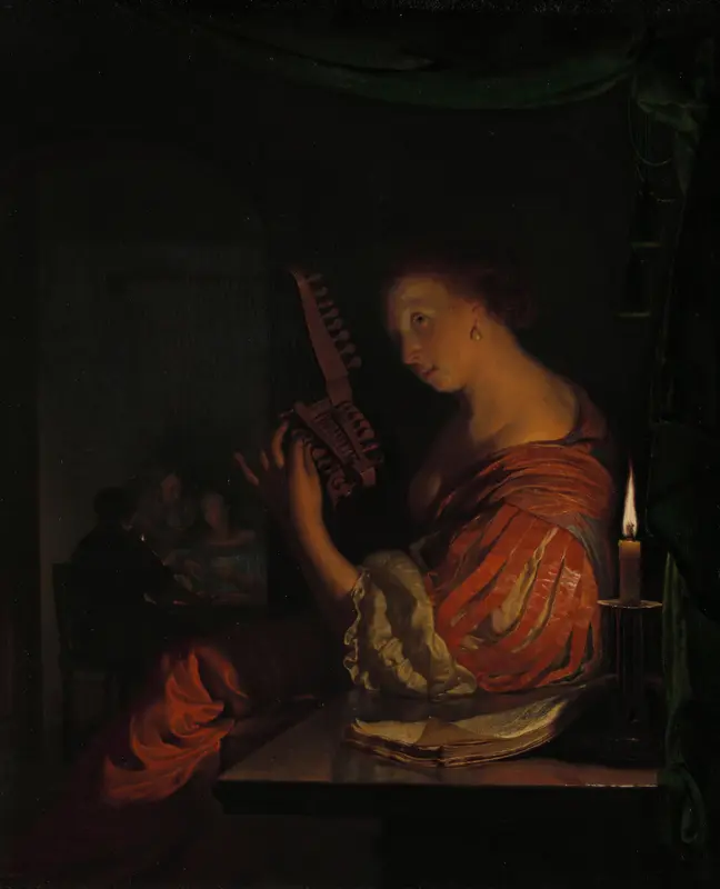Vrouw die een teorbe stemt Wall Art by Frans van Mieris (I) - High-Resolution Digital Print