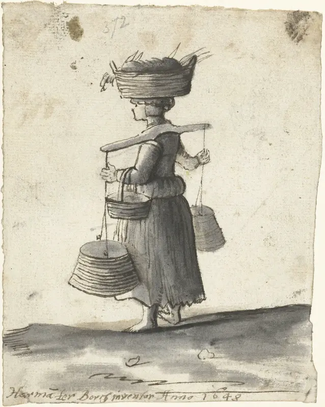 Vrouw die emmers draagt, van achteren Wall Art by Unknown - High-Resolution Digital Print