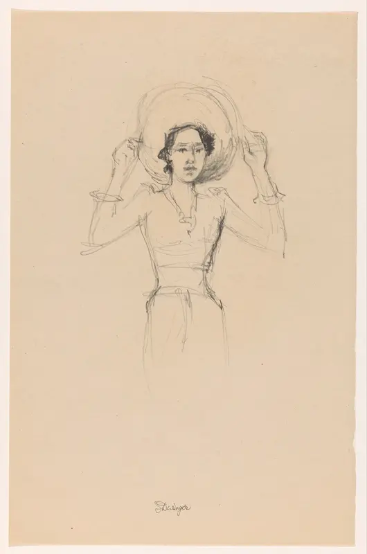 Vrouw die met haar handen de hoed op haar hoofd vasthoudt Wall Art by Unknown - High-Resolution Digital Print