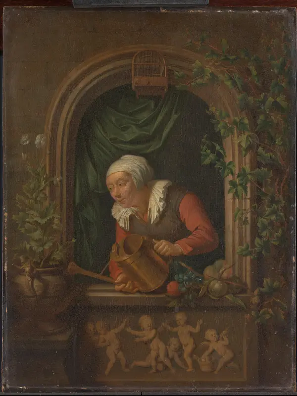 Vrouw een plant begietend Wall Art by Louis de Moni - High-Resolution Digital Print