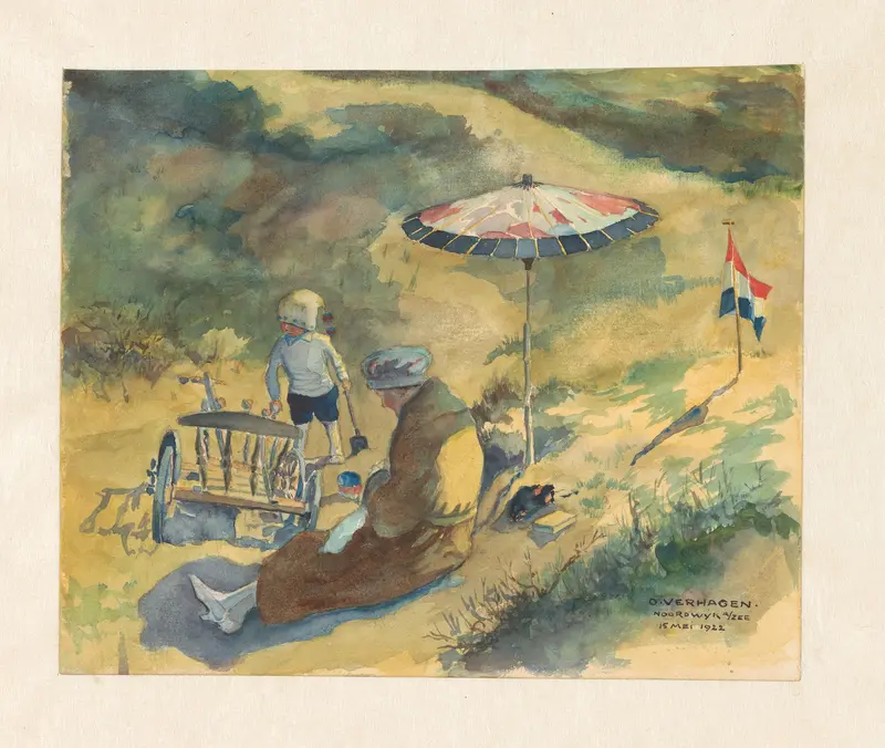 Vrouw en de zoon van de kunstenaar in een duinpan Wall Art by Unknown - High-Resolution Digital Print