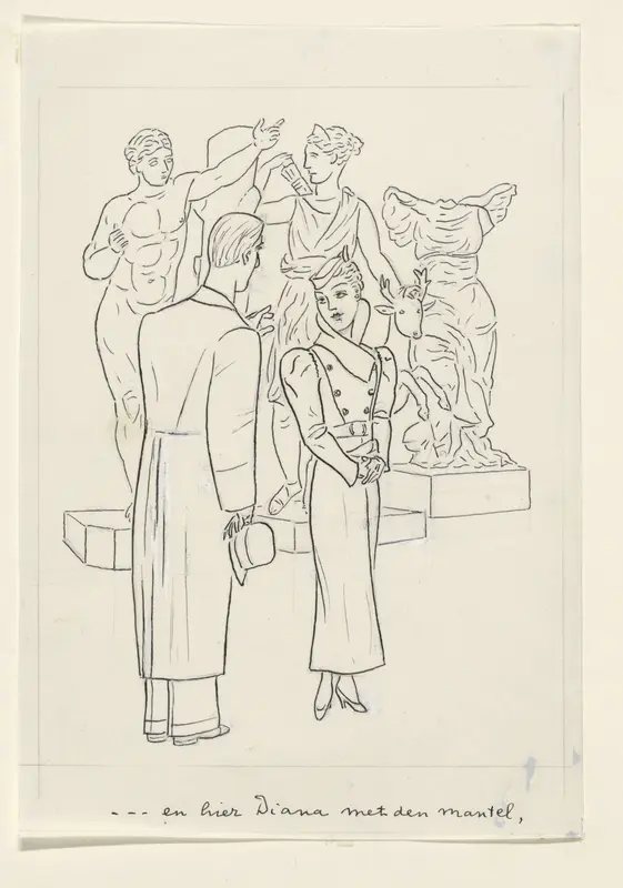 Vrouw en man voor drie standbeelden Wall Art by Leo Gestel - High-Resolution Digital Print