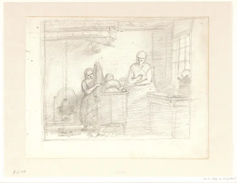 Vrouw en twee kinderen in de keuken Wall Art by Hendrik Valkenburg - High-Resolution Digital Print