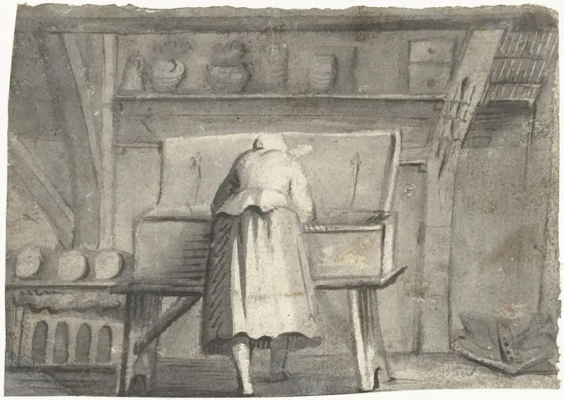 Vrouw gebogen over een lange kist in een interieur Wall Art by Harmen ter Borch - High-Resolution Digital Print