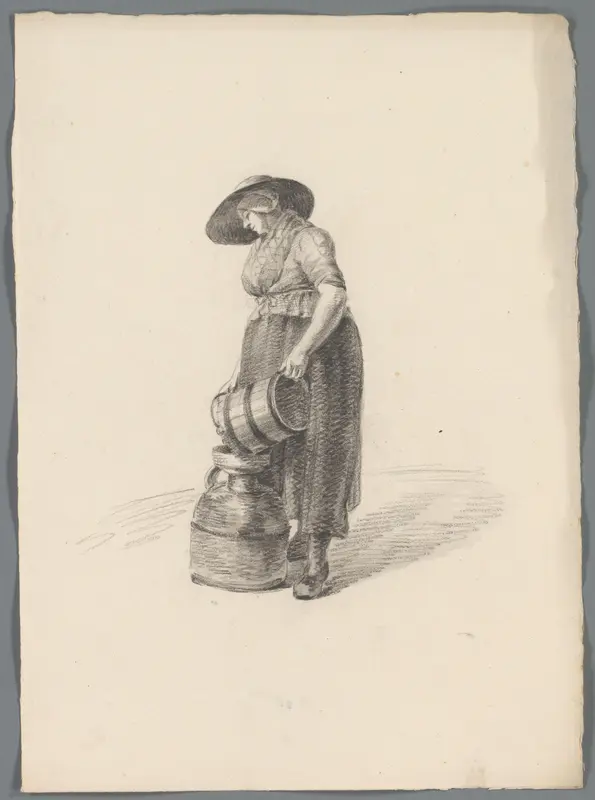 Vrouw giet met een emmer melk in een melkbus Wall Art by anonymous - High-Resolution Digital Print