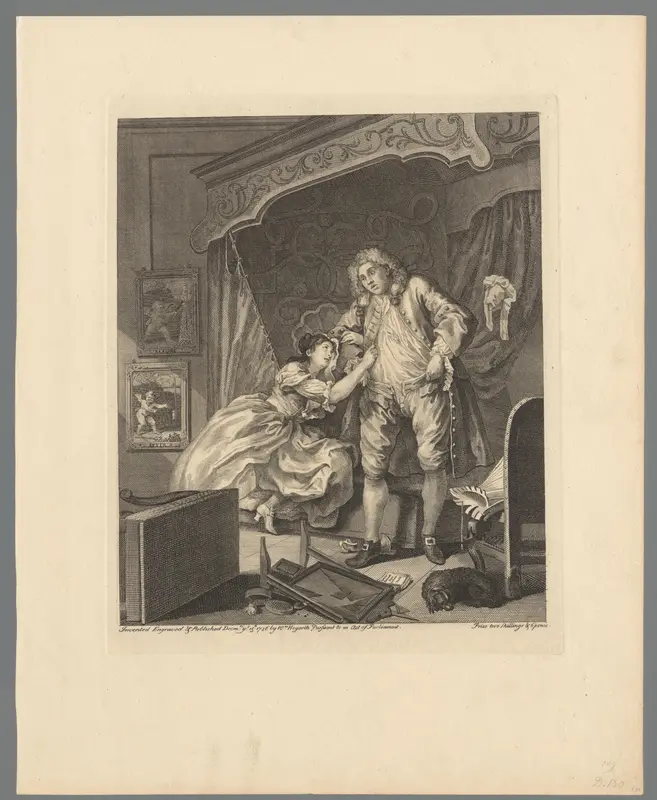 Vrouw hangt aan de arm van een man in een slaapkamer Wall Art by Unknown - High-Resolution Digital Print