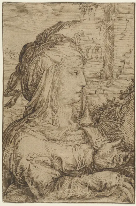 Vrouw in fantasiekostuum, in profiel naar rechts Wall Art by Jacob Matham - High-Resolution Digital Print