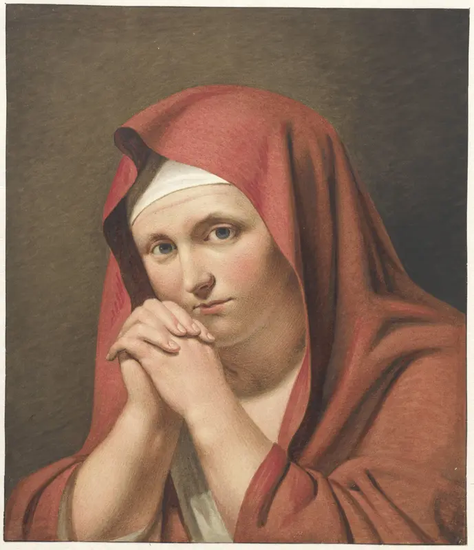 Vrouw in het rood, met gevouwen handen Wall Art by Cornelis Kruseman - High-Resolution Digital Print