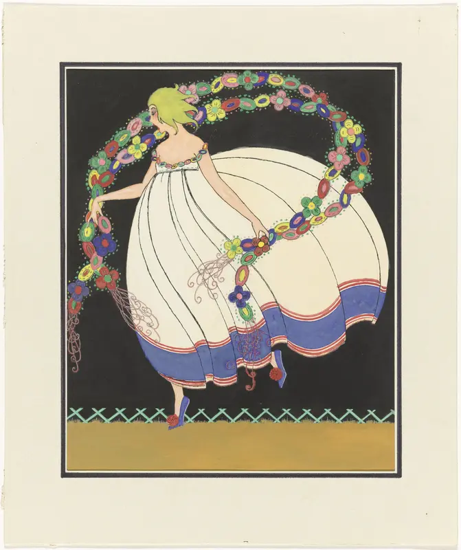 Vrouw in wijde jurk, guirlande in de handen Wall Art by anonymous - High-Resolution Digital Print